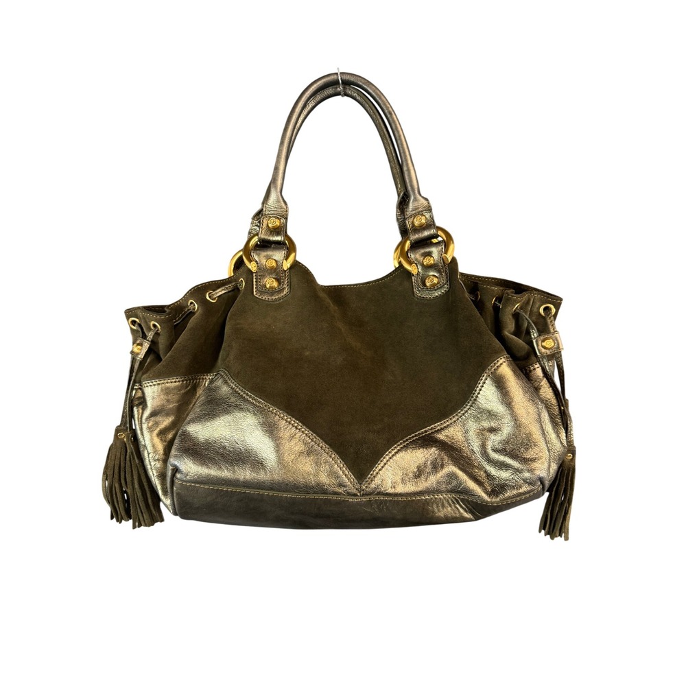 Francesco Biasia Olive Green Suede & Metallic Leather Tassel Shoulder Bag